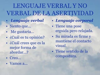LENGUAJE VERBAL Y NO
VERBAL DE LA ASERTIVIDAD
• Lenguaje verbal
• Siento que...
• Me gustaría...
• ¿Cuál es tu opinión?
• ¿Cuál crees que es la
mejor forma de
abordar...?
• Creo...
• Vamos a...
• Lenguaje corporal
• Tiene una pose
erguida pero relajada.
• Su mirada es firme y
mantiene el contacto
visual.
• Tiene sentido de la
compostura.
 
