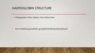 HAEMOGLOBIN STRUCTURE
• 4 Polypeptide chains 2alpha chain,2beta chain
• Iron containing prosthetic group(heme/ferriprotoporphyrin)
 