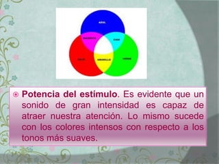  Potencia del estímulo. Es evidente que un
sonido de gran intensidad es capaz de
atraer nuestra atención. Lo mismo sucede
con los colores intensos con respecto a los
tonos más suaves.
 