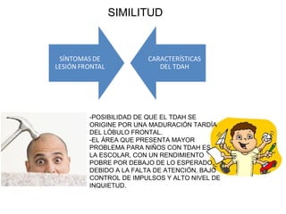 SIMILITUD




-POSIBILIDAD DE QUE EL TDAH SE
ORIGINE POR UNA MADURACIÓN TARDÍA
DEL LÓBULO FRONTAL.
-EL ÁREA QUE PRESENTA MAYOR
PROBLEMA PARA NIÑOS CON TDAH ES
LA ESCOLAR, CON UN RENDIMIENTO
POBRE POR DEBAJO DE LO ESPERADO,
DEBIDO A LA FALTA DE ATENCIÓN, BAJO
CONTROL DE IMPULSOS Y ALTO NIVEL DE
INQUIETUD.
 