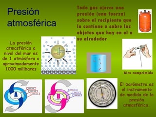 Presión   atmosférica La presión atmosférica a nivel del mar es de 1 atmósfera o aproximadamente 1000 milibares El barómetro es el instrumento de medida de la presión atmosférica. Aire comprimido Todo gas ejerce una presión (una fuerza) sobre el recipiente que lo contiene o sobre los objetos que hay en el a su alrededor 