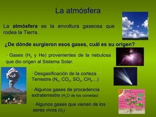 La atmósfera ¿De dónde surgieron esos gases, cuál es su origen? La  atmósfera  es la envoltura gaseosa que rodea la Tierra. · Gases (H 2  y He) provenientes de la nebulosa que dio origen al Sistema Solar. · Desgasificación de la corteza Terrestre (N 2 ,   CO 2 , SO 2 , CH 4 …) · Algunos gases de procedencia extraterrestre  (H 2 O de los cometas) · Algunos gases que vienen de los seres vivos  (O 2 ) 