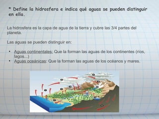 * Define la hidrosfera e indica qué aguas se pueden distinguir en ella.  La hidrosfera es la capa de agua de la tierra y cubre las 3/4 partes del planeta.  Las aguas se pueden distinguir en: Aguas continentales:  Que la forman las aguas de los continentes (ríos, lagos...)  Aguas oceánicas : Que la forman las aguas de los océanos y mares. 