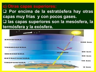 c) Otras capas superiores:
 Por encima de la estratósfera hay otras
capas muy frías y con pocos gases.
 las capas superiores son la mesósfera, la
termósfera y la exósfera.
 