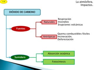 La atmósfera.
Impactos.
119
DIÓXIDO DE CARBONO
Fuentes
Sumidero
Naturales
Antrópicas
Respiración
Incendios
Erupciones volcánicas
Quema combustibles fósiles
Incineración.
Deforestación
Absorción oceánica
Fotosíntesis
 