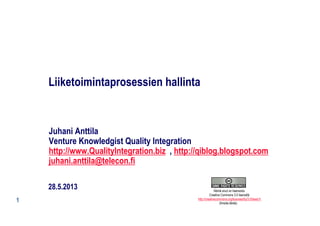 1
Liiketoimintaprosessien hallinta
28.5.2013
Juhani Anttila
Venture Knowledgist Quality Integration
http://www.QualityIntegration.biz , http://qiblog.blogspot.com
juhani.anttila@telecon.fi
Nämä sivut on lisensioitu
Creative Commons 3.0 lisensillä
http://creativecommons.org/licenses/by/3.0/deed.fi
(Ilmoita lähde)
 