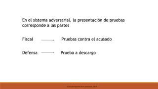 © Escuela Nacional de la Judicatura, 2019
En el sistema adversarial, la presentación de pruebas
corresponde a las partes
Fiscal Pruebas contra el acusado
Defensa Prueba a descargo
 