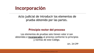 © Escuela Nacional de la Judicatura, 2019
Incorporación
 Acto judicial de introducir los elementos de
prueba obtenido por las partes.
Principio rector del proceso
Los elementos de pruebas solo tienen valor si son
obtenidos e incorporados al proceso conforme lo principios
y normas de este Código.
Art. 24 CPP
 