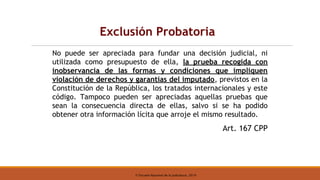 © Escuela Nacional de la Judicatura, 2019
Exclusión Probatoria
No puede ser apreciada para fundar una decisión judicial, ni
utilizada como presupuesto de ella, la prueba recogida con
inobservancia de las formas y condiciones que impliquen
violación de derechos y garantías del imputado, previstos en la
Constitución de la República, los tratados internacionales y este
código. Tampoco pueden ser apreciadas aquellas pruebas que
sean la consecuencia directa de ellas, salvo si se ha podido
obtener otra información lícita que arroje el mismo resultado.
Art. 167 CPP
 