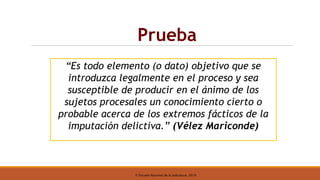 © Escuela Nacional de la Judicatura, 2019
Prueba
“Es todo elemento (o dato) objetivo que se
introduzca legalmente en el proceso y sea
susceptible de producir en el ánimo de los
sujetos procesales un conocimiento cierto o
probable acerca de los extremos fácticos de la
imputación delictiva.” (Vélez Mariconde)
 