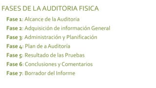 FASES DE LA AUDITORIA FISICA
 Fase 1: Alcance de la Auditoria
 Fase 2: Adquisición de información General
 Fase 3: Administración y Planificación
 Fase 4: Plan de a Auditoría
 Fase 5: Resultado de las Pruebas
 Fase 6: Conclusiones y Comentarios
 Fase 7: Borrador del Informe
 