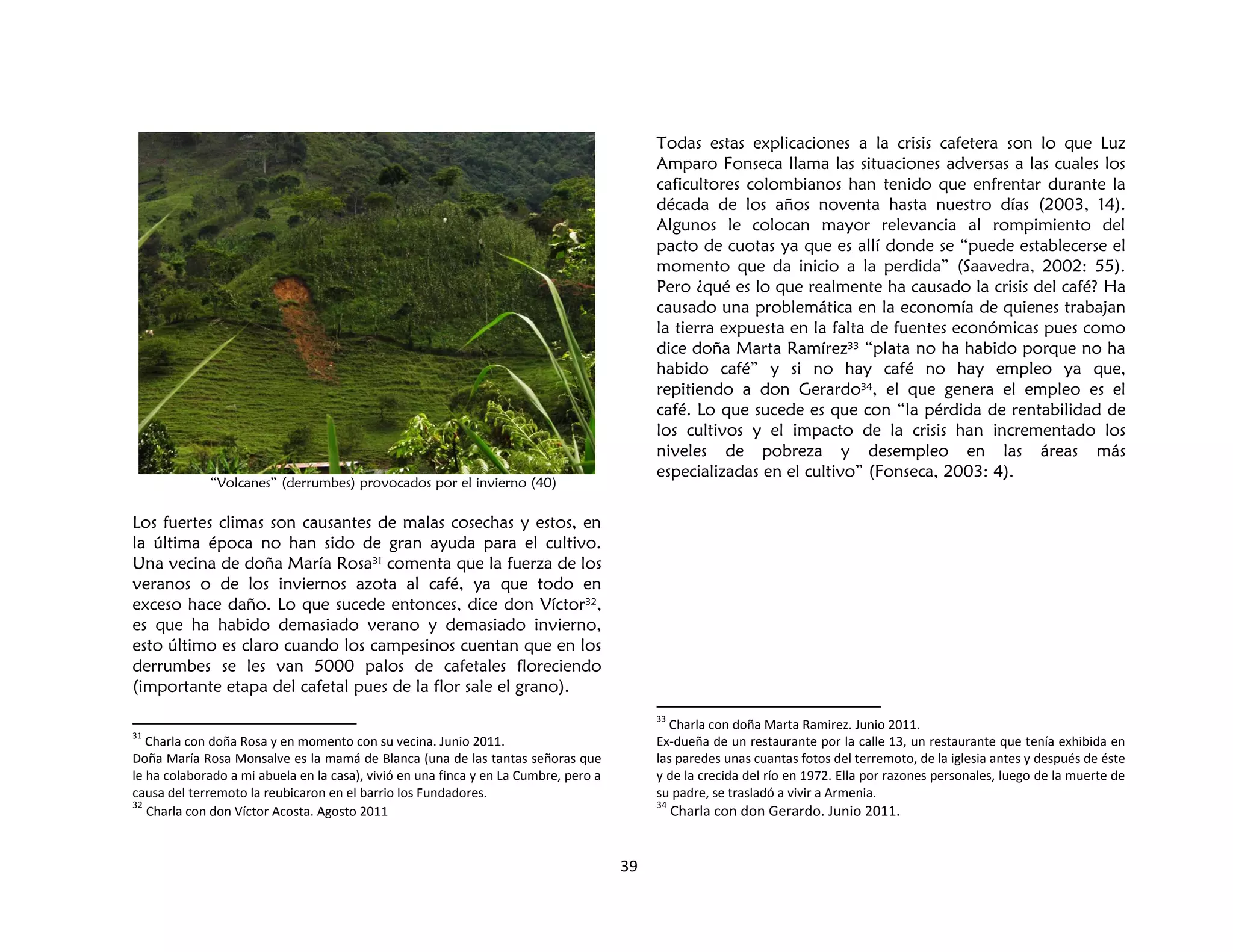 39
“Volcanes” (derrumbes) provocados por el invierno (40)
Los fuertes climas son causantes de malas cosechas y estos, en
la última época no han sido de gran ayuda para el cultivo.
Una vecina de doña María Rosa31 comenta que la fuerza de los
veranos o de los inviernos azota al café, ya que todo en
exceso hace daño. Lo que sucede entonces, dice don Víctor32,
es que ha habido demasiado verano y demasiado invierno,
esto último es claro cuando los campesinos cuentan que en los
derrumbes se les van 5000 palos de cafetales floreciendo
(importante etapa del cafetal pues de la flor sale el grano).
31
Charla con doña Rosa y en momento con su vecina. Junio 2011.
Doña María Rosa Monsalve es la mamá de Blanca (una de las tantas señoras que
le ha colaborado a mi abuela en la casa), vivió en una finca y en La Cumbre, pero a
causa del terremoto la reubicaron en el barrio los Fundadores.
32
Charla con don Víctor Acosta. Agosto 2011
Todas estas explicaciones a la crisis cafetera son lo que Luz
Amparo Fonseca llama las situaciones adversas a las cuales los
caficultores colombianos han tenido que enfrentar durante la
década de los años noventa hasta nuestro días (2003, 14).
Algunos le colocan mayor relevancia al rompimiento del
pacto de cuotas ya que es allí donde se “puede establecerse el
momento que da inicio a la perdida” (Saavedra, 2002: 55).
Pero ¿qué es lo que realmente ha causado la crisis del café? Ha
causado una problemática en la economía de quienes trabajan
la tierra expuesta en la falta de fuentes económicas pues como
dice doña Marta Ramírez33 “plata no ha habido porque no ha
habido café” y si no hay café no hay empleo ya que,
repitiendo a don Gerardo34, el que genera el empleo es el
café. Lo que sucede es que con “la pérdida de rentabilidad de
los cultivos y el impacto de la crisis han incrementado los
niveles de pobreza y desempleo en las áreas más
especializadas en el cultivo” (Fonseca, 2003: 4).
33
Charla con doña Marta Ramirez. Junio 2011.
Ex-dueña de un restaurante por la calle 13, un restaurante que tenía exhibida en
las paredes unas cuantas fotos del terremoto, de la iglesia antes y después de éste
y de la crecida del río en 1972. Ella por razones personales, luego de la muerte de
su padre, se trasladó a vivir a Armenia.
34
Charla con don Gerardo. Junio 2011.
 