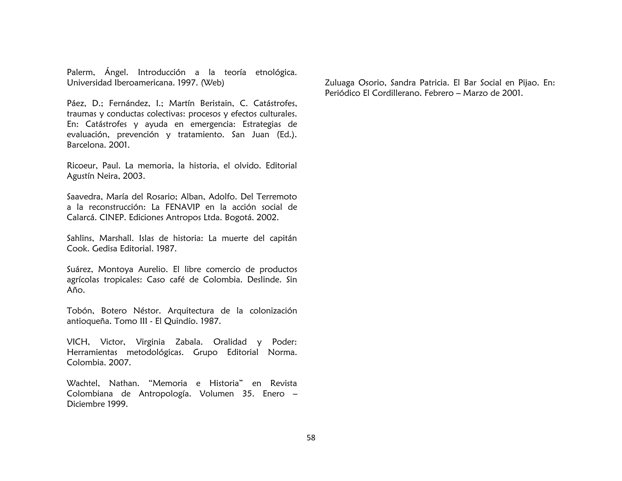 58
Palerm, Ángel. Introducción a la teoría etnológica.
Universidad Iberoamericana. 1997. (Web)
Páez, D.; Fernández, I.; Martín Beristain, C. Catástrofes,
traumas y conductas colectivas: procesos y efectos culturales.
En: Catástrofes y ayuda en emergencia: Estrategias de
evaluación, prevención y tratamiento. San Juan (Ed.).
Barcelona. 2001.
Ricoeur, Paul. La memoria, la historia, el olvido. Editorial
Agustín Neira, 2003.
Saavedra, María del Rosario; Alban, Adolfo. Del Terremoto
a la reconstrucción: La FENAVIP en la acción social de
Calarcá. CINEP. Ediciones Antropos Ltda. Bogotá. 2002.
Sahlins, Marshall. Islas de historia: La muerte del capitán
Cook. Gedisa Editorial. 1987.
Suárez, Montoya Aurelio. El libre comercio de productos
agrícolas tropicales: Caso café de Colombia. Deslinde. Sin
Año.
Tobón, Botero Néstor. Arquitectura de la colonización
antioqueña. Tomo III - El Quindío. 1987.
VICH, Victor, Virginia Zabala. Oralidad y Poder:
Herramientas metodológicas. Grupo Editorial Norma.
Colombia. 2007.
Wachtel, Nathan. “Memoria e Historia” en Revista
Colombiana de Antropología. Volumen 35. Enero –
Diciembre 1999.
Zuluaga Osorio, Sandra Patricia. El Bar Social en Pijao. En:
Periódico El Cordillerano. Febrero – Marzo de 2001.
 