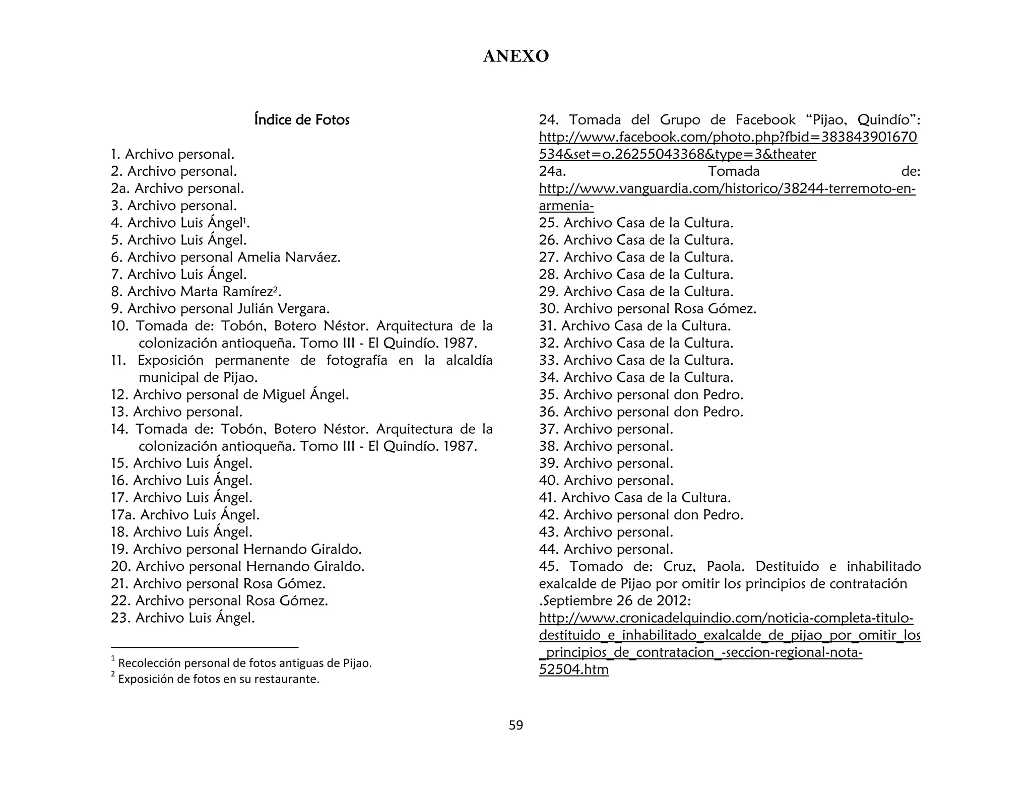 ANEXO
59
Índice de Fotos
1. Archivo personal.
2. Archivo personal.
2a. Archivo personal.
3. Archivo personal.
4. Archivo Luis Ángel1.
5. Archivo Luis Ángel.
6. Archivo personal Amelia Narváez.
7. Archivo Luis Ángel.
8. Archivo Marta Ramírez2.
9. Archivo personal Julián Vergara.
10. Tomada de: Tobón, Botero Néstor. Arquitectura de la
colonización antioqueña. Tomo III - El Quindío. 1987.
11. Exposición permanente de fotografía en la alcaldía
municipal de Pijao.
12. Archivo personal de Miguel Ángel.
13. Archivo personal.
14. Tomada de: Tobón, Botero Néstor. Arquitectura de la
colonización antioqueña. Tomo III - El Quindío. 1987.
15. Archivo Luis Ángel.
16. Archivo Luis Ángel.
17. Archivo Luis Ángel.
17a. Archivo Luis Ángel.
18. Archivo Luis Ángel.
19. Archivo personal Hernando Giraldo.
20. Archivo personal Hernando Giraldo.
21. Archivo personal Rosa Gómez.
22. Archivo personal Rosa Gómez.
23. Archivo Luis Ángel.
1
Recolección personal de fotos antiguas de Pijao.
2
Exposición de fotos en su restaurante.
24. Tomada del Grupo de Facebook “Pijao, Quindío”:
http://www.facebook.com/photo.php?fbid=383843901670
534&set=o.26255043368&type=3&theater
24a. Tomada de:
http://www.vanguardia.com/historico/38244-terremoto-en-
armenia-
25. Archivo Casa de la Cultura.
26. Archivo Casa de la Cultura.
27. Archivo Casa de la Cultura.
28. Archivo Casa de la Cultura.
29. Archivo Casa de la Cultura.
30. Archivo personal Rosa Gómez.
31. Archivo Casa de la Cultura.
32. Archivo Casa de la Cultura.
33. Archivo Casa de la Cultura.
34. Archivo Casa de la Cultura.
35. Archivo personal don Pedro.
36. Archivo personal don Pedro.
37. Archivo personal.
38. Archivo personal.
39. Archivo personal.
40. Archivo personal.
41. Archivo Casa de la Cultura.
42. Archivo personal don Pedro.
43. Archivo personal.
44. Archivo personal.
45. Tomado de: Cruz, Paola. Destituido e inhabilitado
exalcalde de Pijao por omitir los principios de contratación
.Septiembre 26 de 2012:
http://www.cronicadelquindio.com/noticia-completa-titulo-
destituido_e_inhabilitado_exalcalde_de_pijao_por_omitir_los
_principios_de_contratacion_-seccion-regional-nota-
52504.htm
 