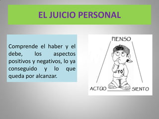 EL JUICIO PERSONAL
Comprende el haber y el
debe, los aspectos
positivos y negativos, lo ya
conseguido y lo que
queda por alcanzar.
 