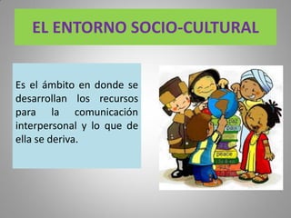 EL ENTORNO SOCIO-CULTURAL
Es el ámbito en donde se
desarrollan los recursos
para la comunicación
interpersonal y lo que de
ella se deriva.
 