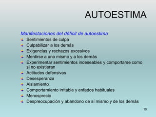 10
AUTOESTIMA
Manifestaciones del déficit de autoestima
Sentimientos de culpa
Culpabilizar a los demás
Exigencias y rechazos excesivos
Mentirse a uno mismo y a los demás
Experimentar sentimientos indeseables y comportarse como
si no existieran
Actitudes defensivas
Desesperanza
Aislamiento
Comportamiento irritable y enfados habituales
Menosprecio
Despreocupación y abandono de sí mismo y de los demás
 