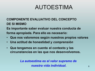 8
COMPONENTE EVALUATIVO DEL CONCEPTO
DE SI MISMO
Es importante saber evaluar nuestra conducta de
forma apropiada. Para ello es necesario:
• Que nos valoremos según nuestros propios valores
• Una actitud de honestidad y comprensión
• Que tengamos en cuenta el contexto y las
circunstancias en las que nos desenvolvemos.
La autoestima es el valor supremo de
nuestra vida individual.
AUTOESTIMA
 