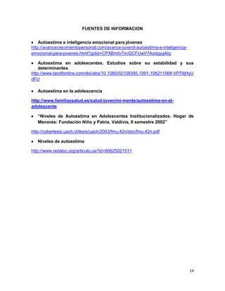 14
FUENTES DE INFORMACION
 Autoestima e inteligencia emocional para jóvenes
http://avancecrecimientopersonal.com/avance-juvenil-autoestima-e-inteligencia-
emocional-para-jovenes.html?gclid=CPXBmfv7ncQCFUwV7AodgygAIg
 Autoestima en adolescentes. Estudios sobre su estabilidad y sus
determinantes
http://www.tandfonline.com/doi/abs/10.1080/02109395.1991.10821156#.VP79jHyU
dFU
 Autoestima en la adolescencia
http://www.familiaysalud.es/salud-joven/mi-mente/autoestima-en-el-
adolescente
 “Niveles de Autoestima en Adolescentes Institucionalizados. Hogar de
Menores: Fundación Niño y Patria. Valdivia, II semestre 2002”
http://cybertesis.uach.cl/tesis/uach/2003/fmu.42n/doc/fmu.42n.pdf
 Niveles de autoestima
http://www.redalyc.org/articulo.oa?id=80625021011
 