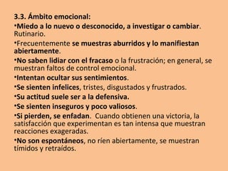 3.3. Ámbito emocional:
•Miedo a lo nuevo o desconocido, a investigar o cambiar.
Rutinario.
•Frecuentemente se muestras aburridos y lo manifiestan
abiertamente.
•No saben lidiar con el fracaso o la frustración; en general, se
muestran faltos de control emocional.
•Intentan ocultar sus sentimientos.
•Se sienten infelices, tristes, disgustados y frustrados.
•Su actitud suele ser a la defensiva.
•Se sienten inseguros y poco valiosos.
•Si pierden, se enfadan. Cuando obtienen una victoria, la
satisfacción que experimentan es tan intensa que muestran
reacciones exageradas.
•No son espontáneos, no ríen abiertamente, se muestran
tímidos y retraídos.
 