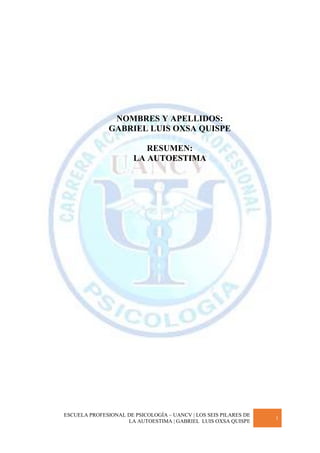 ESCUELA PROFESIONAL DE PSICOLOGÍA – UANCV | LOS SEIS PILARES DE
LA AUTOESTIMA | GABRIEL LUIS OXSA QUISPE
1
NOMBRES Y APELLIDOS:
GABRIEL LUIS OXSA QUISPE
RESUMEN:
LA AUTOESTIMA
 