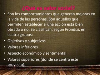¿Qué es valor social?
• Son los comportamientos que generan mejoras en
  la vida de las personas. Son aquellos que
  permiten establecer si una acción está bien
  obrada o no. Se clasifican, según Frondizi, en
  cuatro grupos:
• Objetivos y subjetivos
• Valores inferiores
• Aspecto económico y sentimental
• Valores superiores (donde se centra este
  proyecto).
 