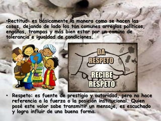 •Rectitud: es básicamente la manera como se hacen las
cosas, dejando de lado los tan comunes arreglos políticos,
engaños, trampas y más bien estar por un camino de
tolerancia e igualdad de condiciones.




• Respeto: es fuente de prestigio y autoridad, pero no hace
  referencia a la fuerza o la posición institucional. Quien
  posé este valor sabe transmitir un mensaje, es escuchado
  y logra influir de una buena forma.
 