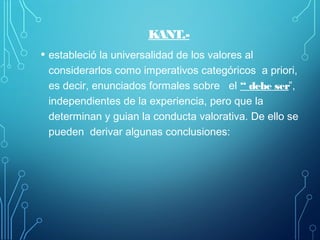 KANT.-
• estableció la universalidad de los valores al
considerarlos como imperativos categóricos a priori,
es decir, enunciados formales sobre el “ debe ser”,
independientes de la experiencia, pero que la
determinan y guian la conducta valorativa. De ello se
pueden derivar algunas conclusiones:
 
