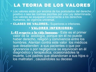 LA TEORIA DE LOS VALORES
• Los valores están por encima de los postulados del derecho
positivo o sea las normas escritas por una Ley determinada.
Los valores se equiparan únicamente a los derechos
humanos, de vigencia universal.
• CLASES DE VALORES.- Superiores e inferiores.
• VALORES INFERIORES:
1.-El respeto a la vida humana.- Este es el primer
valor de la axiología, porque sin él no puede
haber derecho, religión y convivencia entre los
hombres. Atentan contra este valor los médicos
que desatienden a sus pacientes o que por
ignorancia o por negligencia se equivocan en él
diagnóstico y terapéutica, ocasionádoles la
muerte. Los padres que abandonan a sus hijos o
los maltratan , causándoles su deceso
 