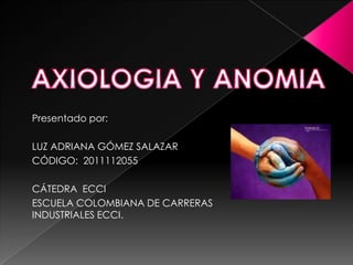 AXIOLOGIA Y ANOMIA Presentado por: LUZ ADRIANA GÓMEZ SALAZAR CÓDIGO:  2011112055 CÁTEDRA  ECCI ESCUELA COLOMBIANA DE CARRERAS INDUSTRIALES ECCI. 