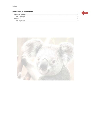 ÍNDICE


UNIVERSIDAD DE LAS AMÉRICAS ................................................................................................................. 1
                                                                                                                                                                          3
   ORIGEN DEL TÉRMINO .......................................................................................................................................... 4
     Sub. Capítulo 1 ........................................................................................................................................... 4
   CAPÍTULO 2 ....................................................................................................................................................... 6
     Sub. Capítulo 2 ........................................................................................................................................... 6
 