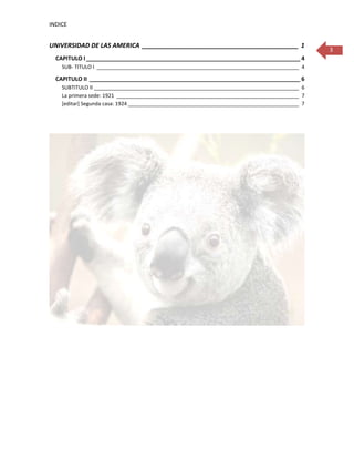 INDICE


UNIVERSIDAD DE LAS AMERICA _____________________________________________ 1
                                                                                                 3
  CAPITULO I ___________________________________________________________________ 4
    SUB- TITULO I _______________________________________________________________________ 4

  CAPITULO II __________________________________________________________________ 6
    SUBTITULO II ________________________________________________________________________ 6
    La primera sede: 1921 ________________________________________________________________ 7
    [editar] Segunda casa: 1924 ____________________________________________________________ 7
 