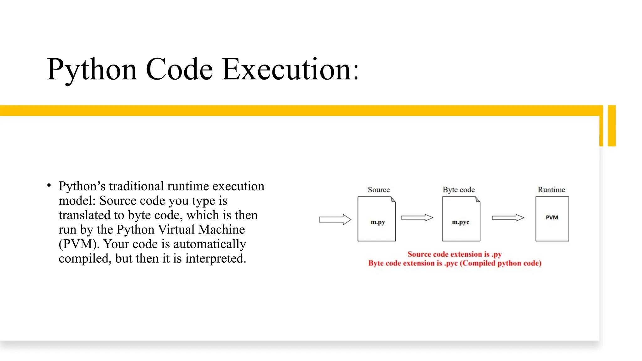 Python Code Execution:
• Python’s traditional runtime execution
model: Source code you type is
translated to byte code, which is then
run by the Python Virtual Machine
(PVM). Your code is automatically
compiled, but then it is interpreted.
 