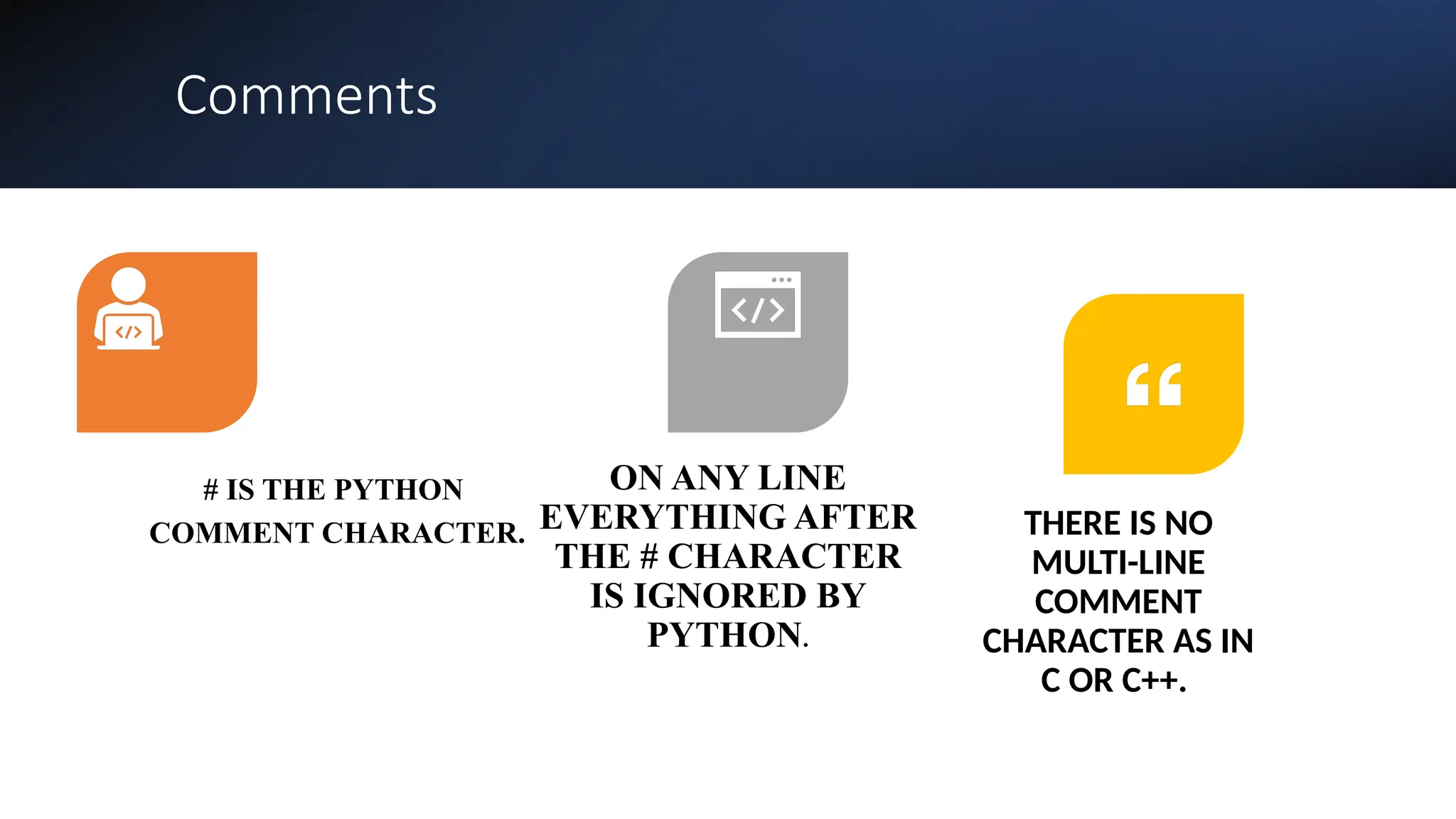 Comments
# IS THE PYTHON
COMMENT CHARACTER.
ON ANY LINE
EVERYTHING AFTER
THE # CHARACTER
IS IGNORED BY
PYTHON.
THERE IS NO
MULTI-LINE
COMMENT
CHARACTER AS IN
C OR C++.
 