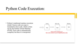 Python Code Execution:
• Python’s traditional runtime execution
model: Source code you type is
translated to byte code, which is then
run by the Python Virtual Machine
(PVM). Your code is automatically
compiled, but then it is interpreted.
 