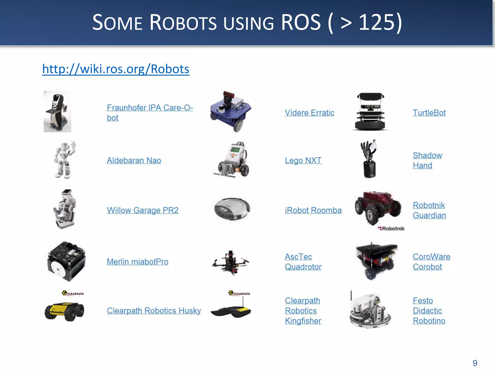 SOME ROBOTS USING ROS ( > 125)
http://wiki.ros.org/Robots
9
 