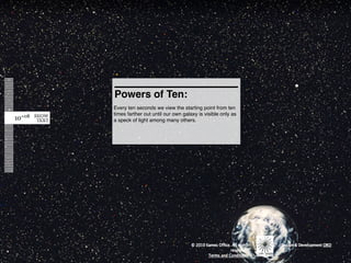 Powers of Ten:
Every ten seconds we view the starting point from ten
times farther out until our own galaxy is visible only as
a speck of light among many others.
 