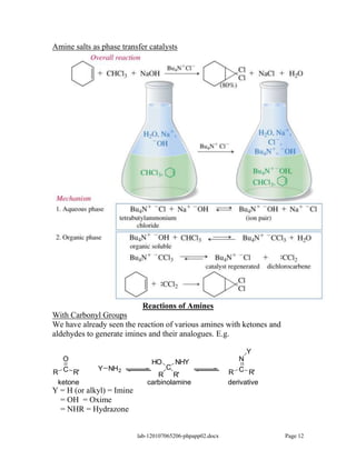Amine salts as phase transfer catalysts




                            Reactions of Amines
With Carbonyl Groups
We have already seen the reaction of various amines with ketones and
aldehydes to generate imines and their analogues. E.g.

                                                                  Y
  O                             HO       NHY                    N
              Y NH 2                 C
R C R'                           R R'                       R C R'
 ketone                       carbinolamine                 derivative
Y = H (or alkyl) = Imine
  = OH = Oxime
  = NHR = Hydrazone


                           lab-120107065206-phpapp02.docx                Page 12
 