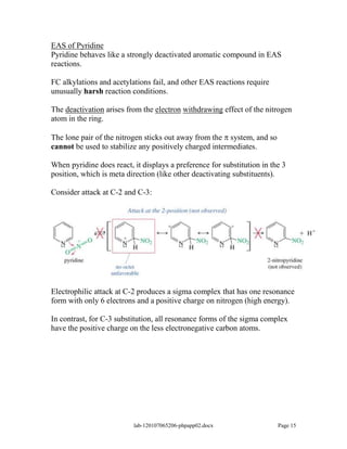 EAS of Pyridine
Pyridine behaves like a strongly deactivated aromatic compound in EAS
reactions.

FC alkylations and acetylations fail, and other EAS reactions require
unusually harsh reaction conditions.

The deactivation arises from the electron withdrawing effect of the nitrogen
atom in the ring.

The lone pair of the nitrogen sticks out away from the system, and so
cannot be used to stabilize any positively charged intermediates.

When pyridine does react, it displays a preference for substitution in the 3
position, which is meta direction (like other deactivating substituents).

Consider attack at C-2 and C-3:




Electrophilic attack at C-2 produces a sigma complex that has one resonance
form with only 6 electrons and a positive charge on nitrogen (high energy).

In contrast, for C-3 substitution, all resonance forms of the sigma complex
have the positive charge on the less electronegative carbon atoms.




                          lab-120107065206-phpapp02.docx                 Page 15
 