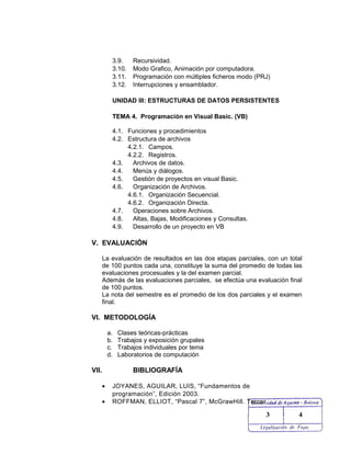 3.9. Recursividad.
3.10. Modo Grafico, Animación por computadora.
3.11. Programación con múltiples ficheros modo (PRJ)
3.12. Interrupciones y ensamblador.
UNIDAD III: ESTRUCTURAS DE DATOS PERSISTENTES
TEMA 4. Programación en Visual Basic. (VB)
4.1. Funciones y procedimientos
4.2. Estructura de archivos
4.2.1. Campos.
4.2.2. Registros.
4.3. Archivos de datos.
4.4. Menús y diálogos.
4.5. Gestión de proyectos en visual Basic.
4.6. Organización de Archivos.
4.6.1. Organización Secuencial.
4.6.2. Organización Directa.
4.7. Operaciones sobre Archivos.
4.8. Altas, Bajas, Modificaciones y Consultas.
4.9. Desarrollo de un proyecto en VB
V. EVALUACIÓN
La evaluación de resultados en las dos etapas parciales, con un total
de 100 puntos cada una, constituye la suma del promedio de todas las
evaluaciones procesuales y la del examen parcial.
Además de las evaluaciones parciales, se efectúa una evaluación final
de 100 puntos.
La nota del semestre es el promedio de los dos parciales y el examen
final.
VI. METODOLOGÍA
a. Clases teóricas-prácticas
b. Trabajos y exposición grupales
c. Trabajos individuales por tema
d. Laboratorios de computación
VII. BIBLIOGRAFÍA
• JOYANES, AGUILAR, LUIS, “Fundamentos de
programación”, Edición 2003.
• ROFFMAN, ELLIOT, “Pascal 7”, McGrawHill. Tercer
3 4
 