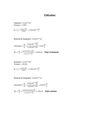 Cálculos:
Volumen =

Área de la manguera:

Flujo Turbulento

Volumen =

Área de la manguera:

Flujo Laminar

 