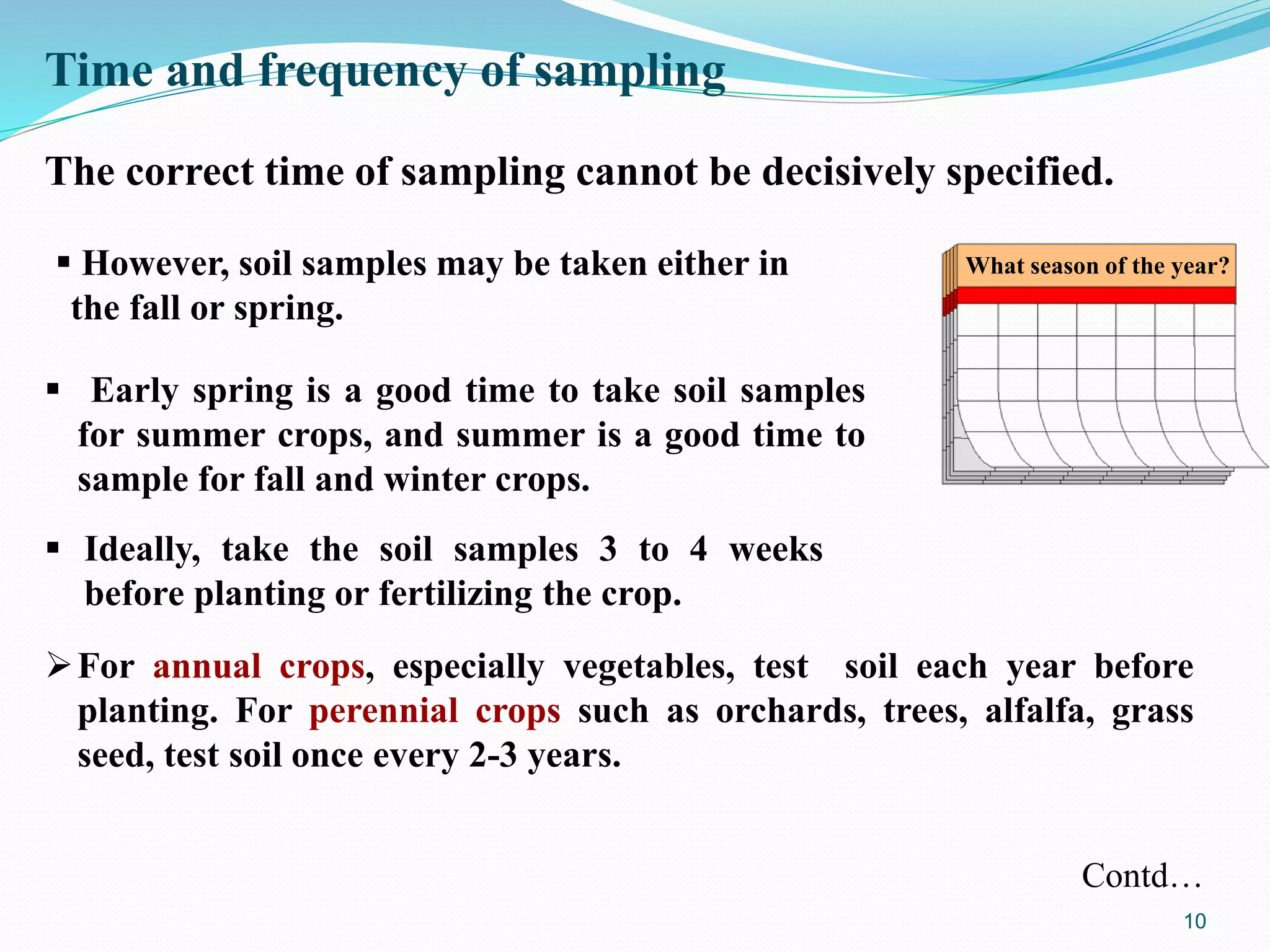 Time and frequency of sampling
The correct time of sampling cannot be decisively specified.
 Ideally, take the soil samples 3 to 4 weeks
before planting or fertilizing the crop.
For annual crops, especially vegetables, test soil each year before
planting. For perennial crops such as orchards, trees, alfalfa, grass
seed, test soil once every 2-3 years.
 However, soil samples may be taken either in
the fall or spring.
 Early spring is a good time to take soil samples
for summer crops, and summer is a good time to
sample for fall and winter crops.
What season of the year?
Contd…
10
 