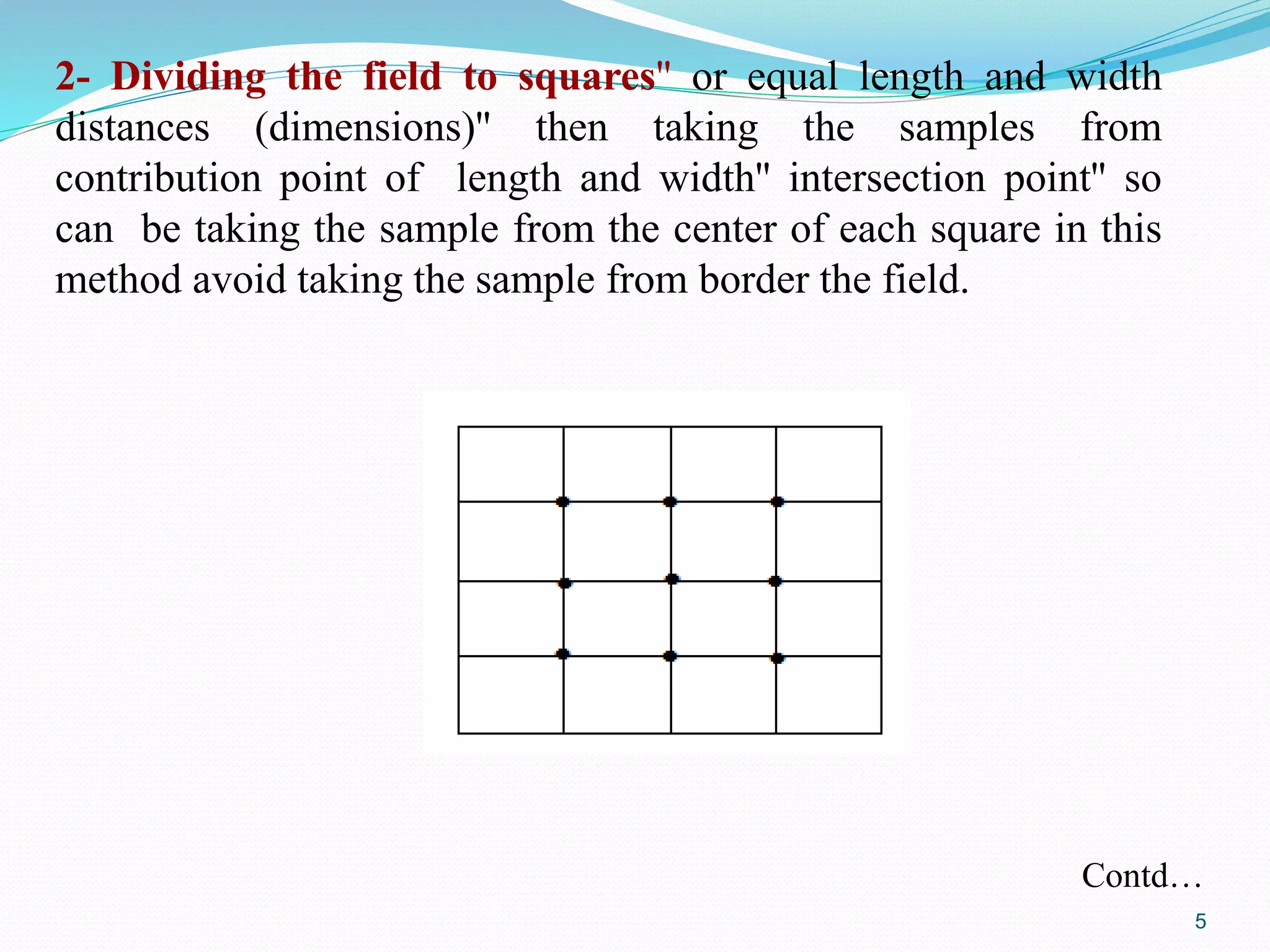 2- Dividing the field to squares'' or equal length and width
distances (dimensions)'' then taking the samples from
contribution point of length and width'' intersection point'' so
can be taking the sample from the center of each square in this
method avoid taking the sample from border the field.
Contd…
5
 