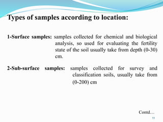 Types of samples according to location:
1-Surface samples: samples collected for chemical and biological
analysis, so used for evaluating the fertility
state of the soil usually take from depth (0-30)
cm.
2-Sub-surface samples: samples collected for survey and
classification soils, usually take from
(0-200) cm
Contd…
11
 
