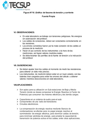 Figura N°16 .Gráfico de fasores de tensión y corriente
Fuente Propia
VI. OBSERVACIONES:
 En este laboratorio se trabaja con tensiones peligrosas. No energice
sin autorización del profesor.
 Los cables de conexiones, deben ser conectados correctamente en
los resistores.
 Los errores cometidos fueron por la mala conexión de los cables al
proceso de la medición
 Hacer el uso correcto de los instrumentos a la hora de las
mediciones, así lograr valores medidos reales.
 Se debe levantar las perrillas de la fuente de tensión a la indicación
del profesor
VII. SUGERENCIAS:
 Se deben ajustar bien los cables al momento de medir las resistencias,
para obtener un dato más preciso.
 Los instrumentos de medición deben estar en un buen estado, con las
baterías bien cargados para evitar los errores del cálculo u obtener
valores medidos desconocidos en este laboratorio.
VIII.APLICACIONES:
 Son aptos para su utilización en Sub-estaciones de Baja y Media
Tensión donde se desee compensar la Energía Reactiva (o Factor de
Potencia) que consumen los motores eléctricos y las demás cargas.
 Capacitores en un sistema de audio para el auto
 Componentes de una radio de transistores
 Circuitos electrónicos
 La compensación de energía reactiva mediante Bancos de
condensadores se efectúa para no pagar energía reactiva al
suministrador de energía eléctrica, para disminuir caídas de tensión,
para minimizar pérdidas de energía, para ampliar la capacidad de
transmisión de potencia activa en los cables; entre otras aplicaciones.
 