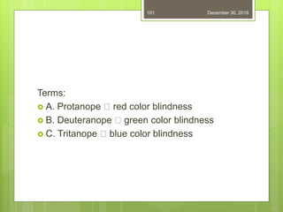 Terms:
 A. Protanope red color blindness
 B. Deuteranope green color blindness
 C. Tritanope blue color blindness
December 30, 2016101
 