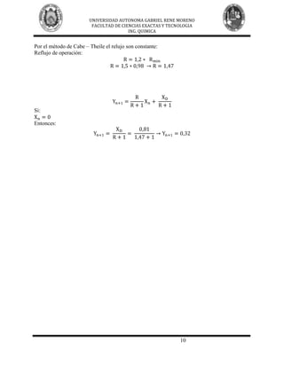 UNIVERSIDAD AUTONOMA GABRIEL RENE MORENO
                         FACULTAD DE CIENCIAS EXACTAS Y TECNOLOGIA
                                        ING. QUIMICA


Por el método de Cabe – Theile el relujo son constante:
Reflujo de operación:




Si:

Entonces:




                                                            10
 