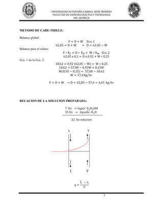 UNIVERSIDAD AUTONOMA GABRIEL RENE MORENO
                           FACULTAD DE CIENCIAS EXACTAS Y TECNOLOGIA
                                          ING. QUIMICA



METODO DE CABE-THIELE:

Balance global:


Balance para el soluto:


Ecu. 1 en la Ecu. 2:

                                                            W




RELACION DE LA SOLUCION PREPARADA:




                                                              7
 
