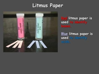Litmus Paper
Red litmus paper is
used to identify
bases.
Blue litmus paper is
used to identify
acids.
 