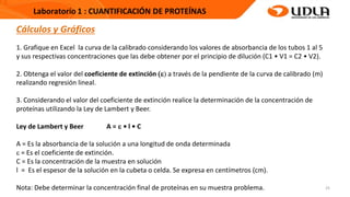 25
Cálculos y Gráficos
1. Grafique en Excel la curva de la calibrado considerando los valores de absorbancia de los tubos 1 al 5
y sus respectivas concentraciones que las debe obtener por el principio de dilución (C1 • V1 = C2 • V2).
2. Obtenga el valor del coeficiente de extinción () a través de la pendiente de la curva de calibrado (m)
realizando regresión lineal.
3. Considerando el valor del coeficiente de extinción realice la determinación de la concentración de
proteínas utilizando la Ley de Lambert y Beer.
Ley de Lambert y Beer A =  • l • C
A = Es la absorbancia de la solución a una longitud de onda determinada
 = Es el coeficiente de extinción.
C = Es la concentración de la muestra en solución
l = Es el espesor de la solución en la cubeta o celda. Se expresa en centímetros (cm).
Nota: Debe determinar la concentración final de proteínas en su muestra problema.
 